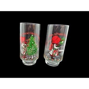 Lot Of 2 Vintage Coca Cola Coke Holly Hobbie Christmas Drinking Glasses 6” EUC